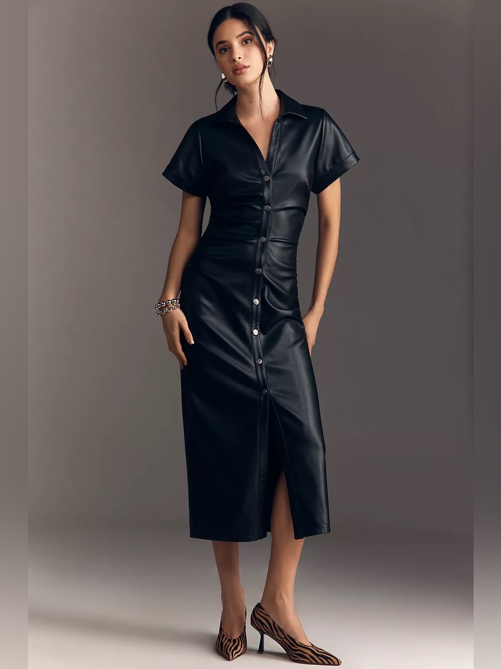 Pilcro Greer Faux-Leather Midi Shirtdress – Black – Size S – NWT
